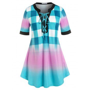 

Plus Size Ombre Color Plaid Lace Up Blouse, Green