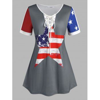 

Plus Size American Flag Print Lace Up T Shirt, Gray