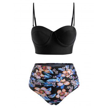 

Vacation Swimsuit Floral Print Ruched Push Up Tankini Swimwear, Black
