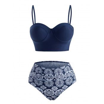 

Ethnic Printed Push Up Ruched Tankini Swimwear, Deep blue