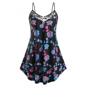 

Plus Size Flower Print Lace Insert Cami Tank Top, Black
