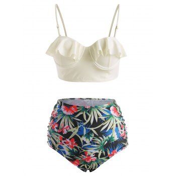 

Ruffle Push Up Floral Leaf Ruched Tankini Swimwear, White