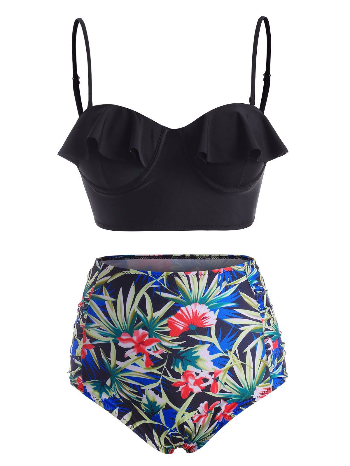 Ruffle Push Up Floral Leaf Ruched Tankini Swimwear - BLACK XL