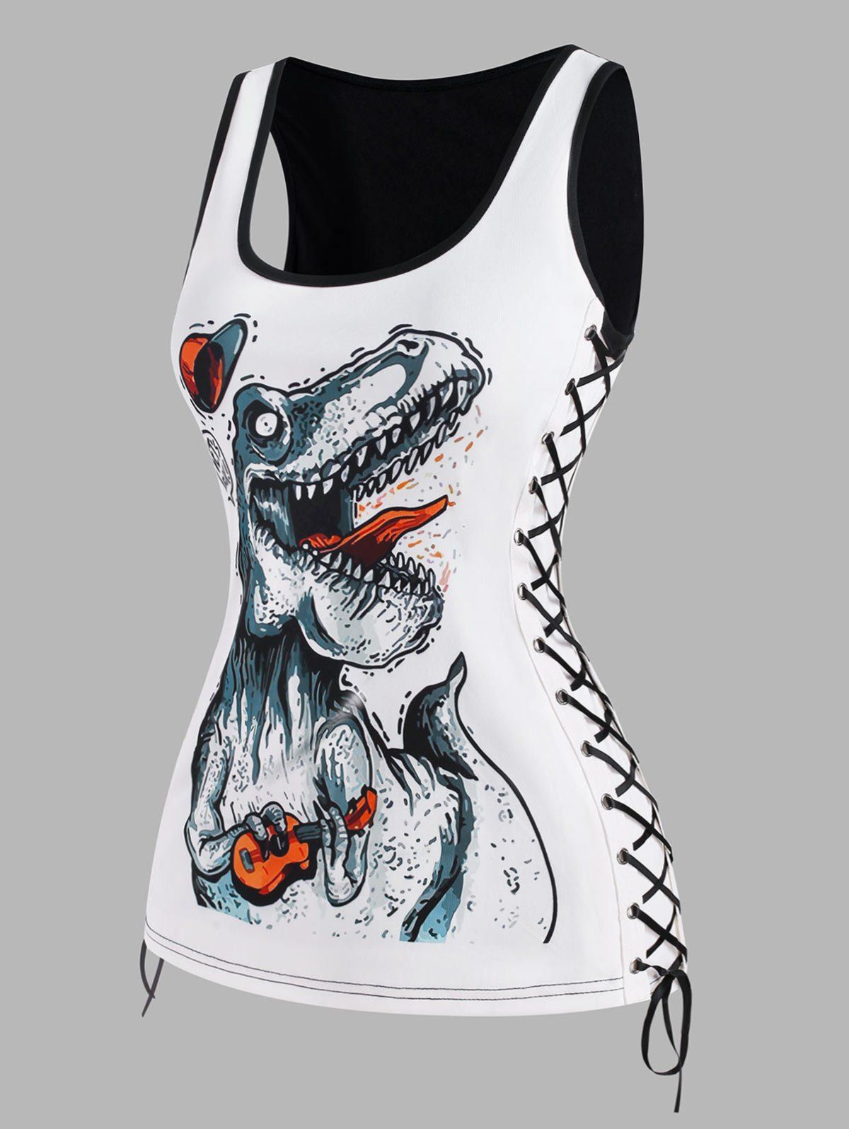 Dinosaur Dragon Print Lace Up Tank Top - WHITE XL