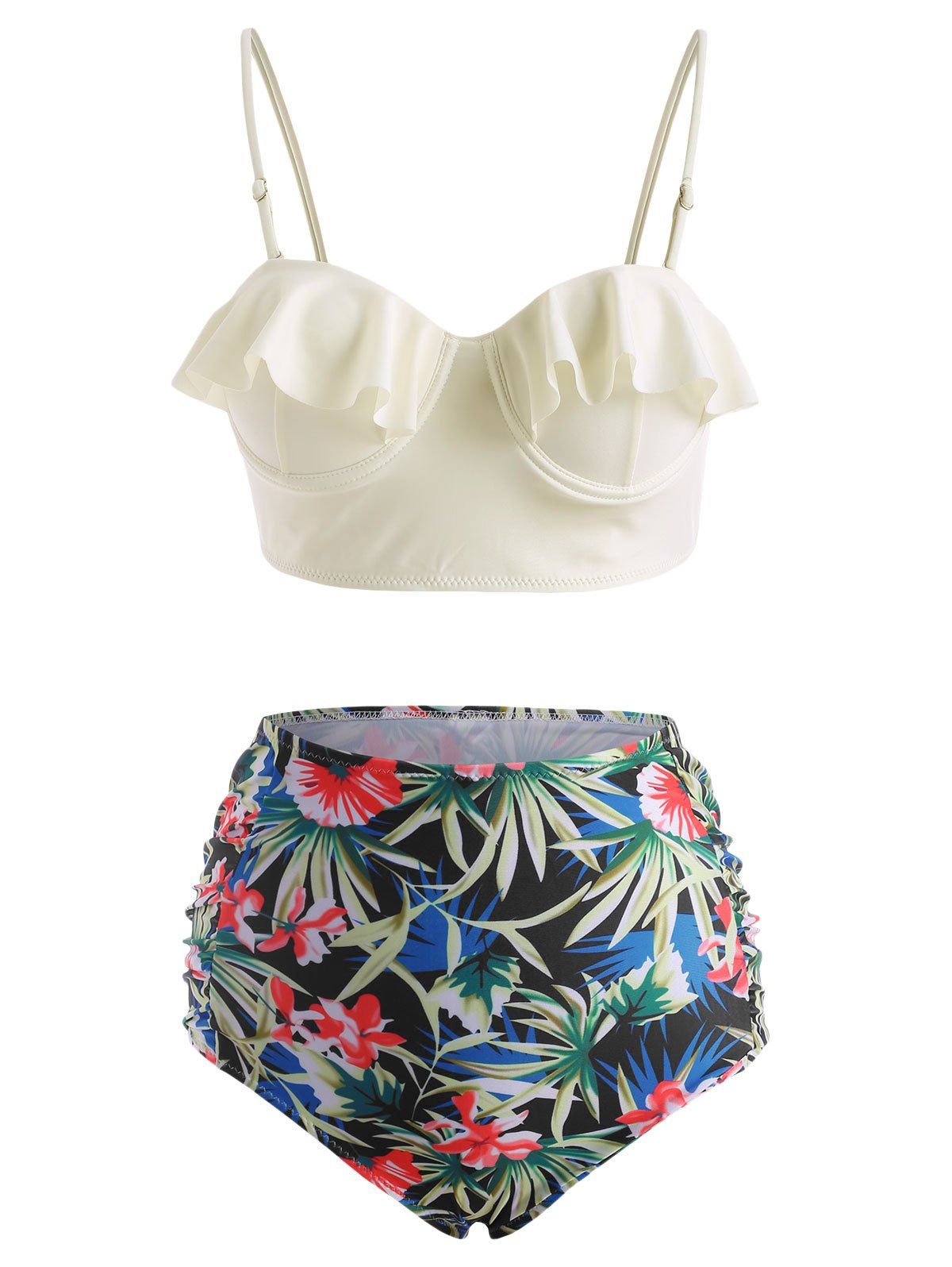 Ruffle Push Up Floral Leaf Ruched Tankini Swimwear - WHITE XL