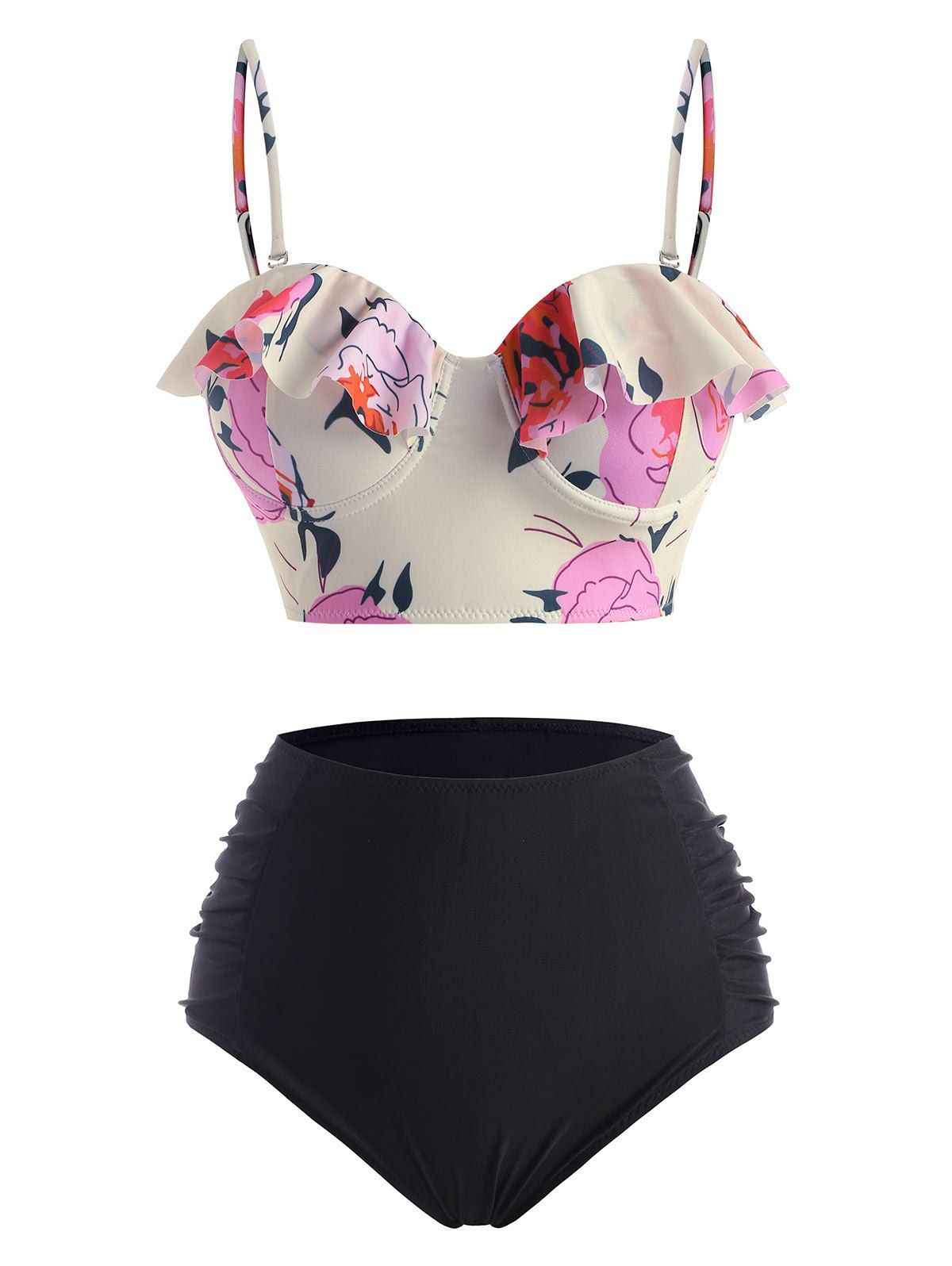Floral Ruffle Corset Style Ruched Push Up Tankini Swimwear - BLACK L
