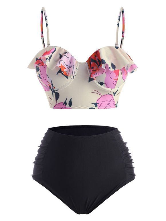 Floral Ruffle Corset Style Ruched Push Up Tankini Swimwear - BLACK S