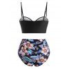 Vacation Swimsuit Floral Print Ruched Push Up Tankini Swimwear - BLACK L