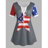 T-shirt à Imprimé Drapeau Américain de Grande Taille à Lacets - Gris 1X