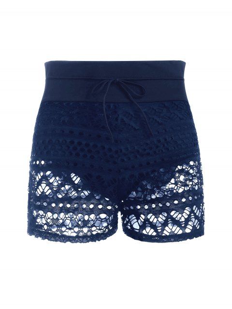 Crochet Insert Swimsuit Bottom Drawstring Lace Panel Slit Swimwear Bottom
