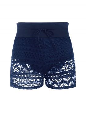 Crochet Insert Swimsuit Bottom Drawstring Lace Panel Slit Swimwear Bottom