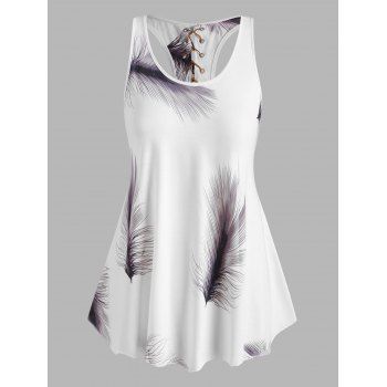 

Plus Size Feather Print Lace-up Hanky Hem Tank Top, Black