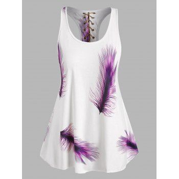 

Plus Size Feather Print Lace-up Hanky Hem Tank Top, Purple