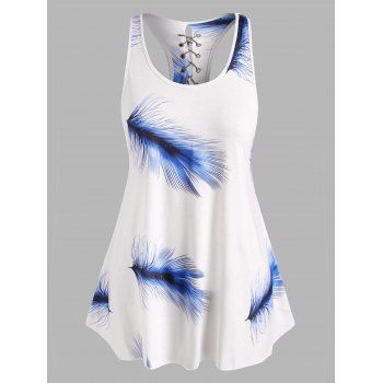 

Plus Size Feather Print Lace-up Hanky Hem Tank Top, Deep blue