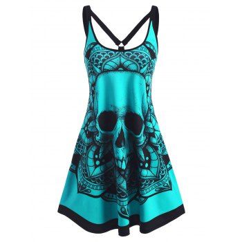 

Summer Gothic Skull Flower O Ring Strappy Tank Dress, Green