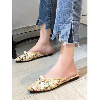 

Ethnic Faux Pearl Studded Lace Slippers, Light coffee