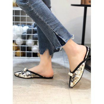 

Ethnic Faux Pearl Studded Lace Slippers, Black