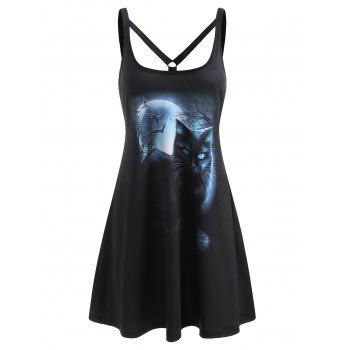 

Cat Moon Print O Ring Strappy Tank Dress, Black