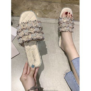 

Faux Pearl Woven Flat Open Toe Slippers, Pink