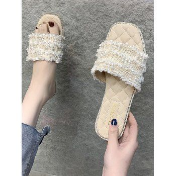 

Faux Pearl Woven Flat Open Toe Slippers, Cool white