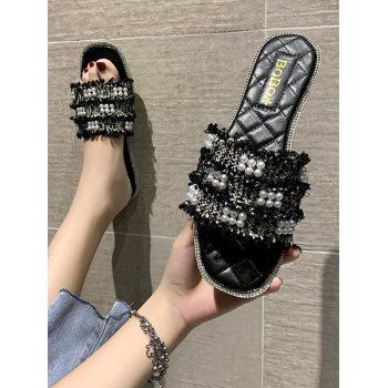 

Faux Pearl Woven Flat Open Toe Slippers, Black