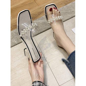 

Faux Pearl Rhinestone Chunky Heel Slides Sandals, Cool white