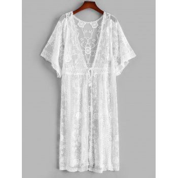 

Tie Waist Sheer Lace Kimono Cover Up, White