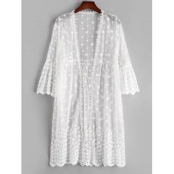 

Flare Sleeve Sheer Mesh Floral Beach Cover Up, White