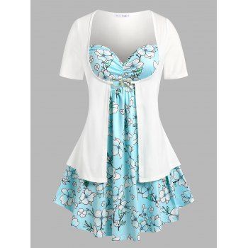

Plus Size Floral Print Faux Twinset T-shirt, Light blue