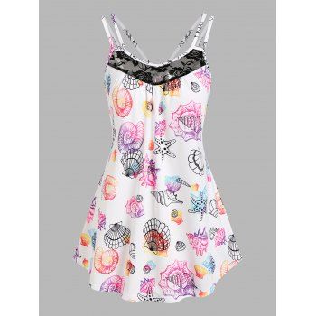 

Marine Life Print Lace Panel Tank Top, White