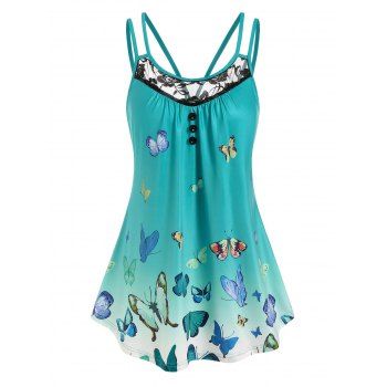 

Butterfly Print Lace Panel Tank Top, Light green