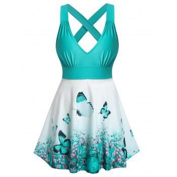 

Plus Size Floral Butterfly Cross Back Plunge Tankini Swimwear, Light green