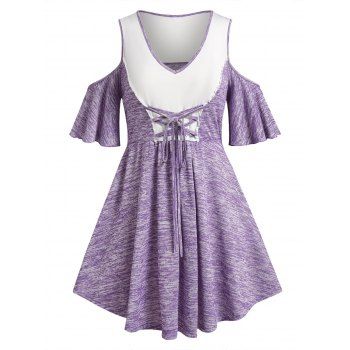 

Plus Size Space Dye Lace-up Open Shoulder Tee, Light purple