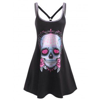 

Summer Gothic Skull Flower O Ring Strappy Tank Dress, Multicolor