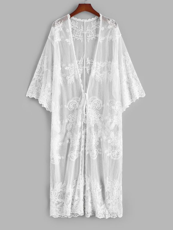 Robe Couverture de Plage Plante en Maille Transparente à Taille Nouée - Blanc ONE SIZE