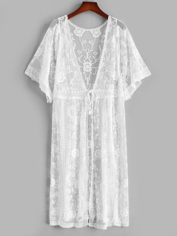 Cache-Maillot Kimono en Dentelle Transparente à Taille Nouée - Blanc ONE SIZE