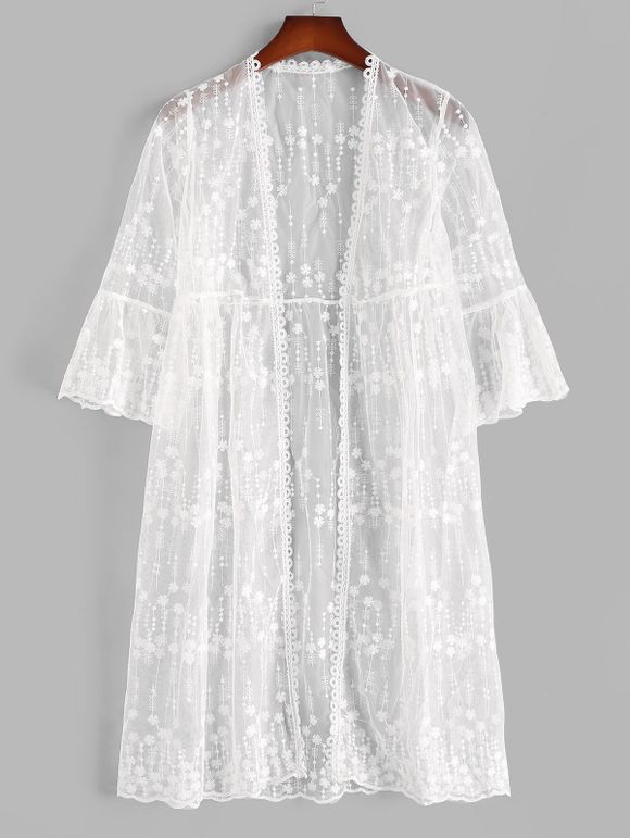 Robe de Plage en Maille Transparente à Manches Évasées Motif Floral - Blanc ONE SIZE