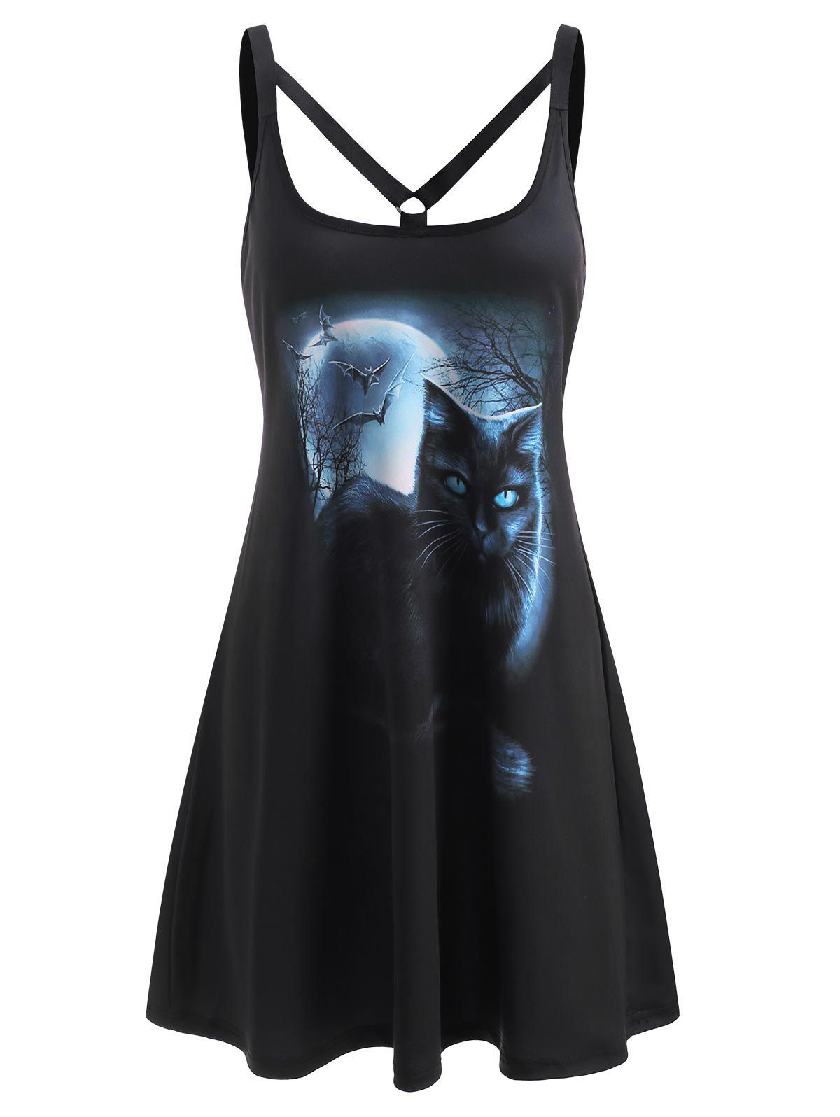 Cat Moon Print O Ring Strappy Tank Dress - BLACK S