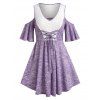 T-shirt Teinté Epaule Dénudée de Grande Taille à Lacets - Violet clair 2X