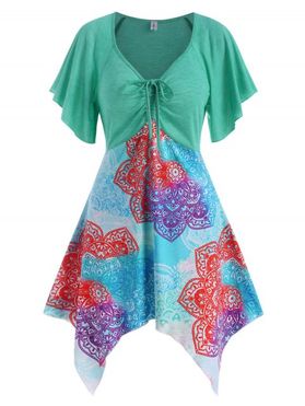 Cinched Ruched Printed Asymmetrical Tunic Top
