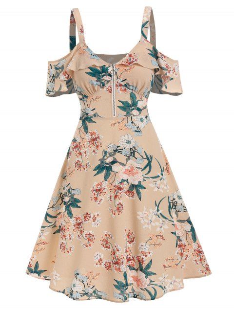 Cold Shoulder Sundress Ruffled Floral Print Dress