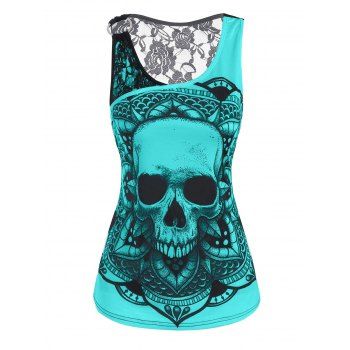 

Lace Insert O Ring Skull Print Tank Top, Green