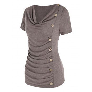 

Cowl Neck Ruched Button Asymmetrical T Shirt, Light coffee