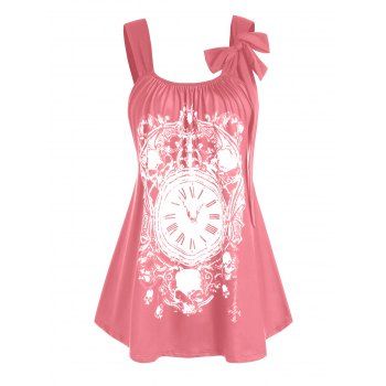 

Plus Size Bowknot Clock Skull Print Tunic Tank Top, Light pink