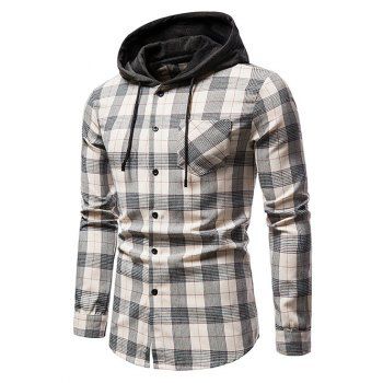 

Plaid Print Long Sleeve Hooded Pocket Shirt, Apricot