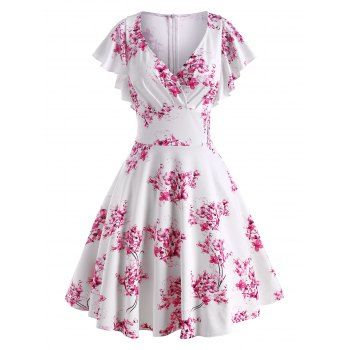 

Flower Print Butterfly Sleeve Surplice Dress, White