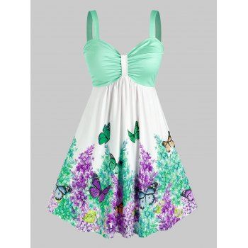 

Plus Size Ruched Floral Butterfly Print Dress, Light green