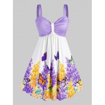 

Plus Size Ruched Floral Butterfly Print Dress, Light purple