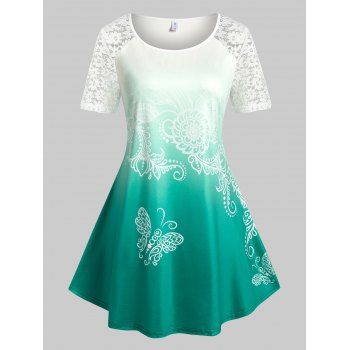 

Plus Size Lace Panel Ombre Color Butterfly Print Tee, White