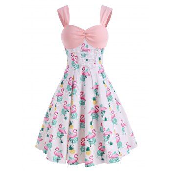 

Flamingo Palm Pineapple Print Lace Up Ruched Dress, Multicolor